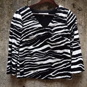 Trina Turk Zebra Print Long Sleeve V-Neck Top XS Black White